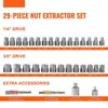 A product image displaying a nut extractor set with various sizes and accessories, along with their corresponding measurements. Produktbild-Vorschau
