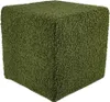 A cube-shaped ottoman covered in dark green, textured fabric.