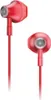 A pair of red in-ear headphones against a white background.