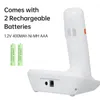 A white cordless phone base and handset are shown with two AAA batteries and text describing the product's features. Produktbild-Vorschau
