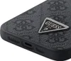 A close-up view of a black phone case with a repeating Guess logo pattern and a triangular Guess logo emblem with rhinestones. Voir les images du produit