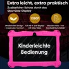 A pink tablet in a protective case, with marketing text and icons overlayed on a background of theater seats. Produktbild-Vorschau