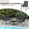 A patio furniture set including chairs, a bench, and a table, placed on a wooden deck next to a pool, with lush greenery in the background. Anteprima dell’immagine prodotto