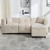 A beige sectional sofa with an ottoman is shown in a living room setting. Voir les images du produit