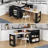 Collage of a kitchen island with a pull-out table and storage, shown in two different kitchen settings. Náhled obrázku produktu