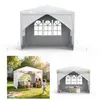 A collage of images showing a white gazebo/tent, one in a studio setting and two in outdoor settings, one set up for a children's party and another for a small gathering with a table and chairs. Voir les images du produit