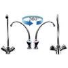 Three chrome kitchen faucets are displayed against a white background, with a 360-degree rotation graphic indicating movement. Produktbild-Vorschau