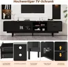 A black TV lowboard with various compartments and drawers, displayed in a room setting with a TV above it. The image also includes close-up shots of specific features. Produktbild-Vorschau