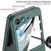 A close-up view of a green phone case with labels pointing out its features. Produktbild-Vorschau