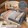 A daybed in a bedroom setting, with blankets and pillows on it. The bed has LED lighting underneath. Produktbild-Vorschau
