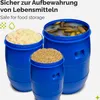 Three blue plastic barrels are shown, two full and one partially full, containing food items. The barrels are arranged in a way that suggests storage. Produktbild-Vorschau