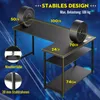 A black L-shaped desk with weights on it, demonstrating its stability and load capacity. Dimensions and features are labeled. Podgląd zdjęcia produktu