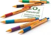 A collection of STABILO pointball pens in various colors, arranged diagonally on a white surface, with a CO2 neutral certification graphic in the background. Produktbild-Vorschau