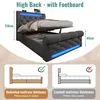 A bed with LED lighting and storage, with diagrams illustrating mattress thickness compatibility. Náhled obrázku produktu