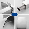 A collage of four close-up images of a modern stainless steel faucet. Produktbild-Vorschau