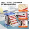 A medical cart with multiple drawers and compartments, featuring callouts highlighting its storage capacity and features. Náhľad obrázku produktu