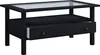 A black coffee table with a glass top and a drawer is shown against a white background. Produktbild-Vorschau