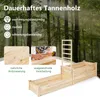 A raised garden bed with a trellis, shown in a forest setting with marketing text and close-up images of wood grain and craftsmanship. Produktbild-Vorschau