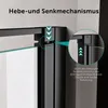 Close-up view of a shower door hinge mechanism with explanatory text and diagrams. Produktbild-Vorschau