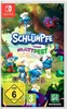 The image shows the game box art for 'Die Schlümpfe, Mission Blattpest' for Nintendo Switch. It features several Smurf characters in a forest setting, with game title and age rating information. Produktbild-Vorschau