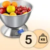 A digital kitchen scale with a stainless steel bowl filled with fruit, placed on a light peach background. Two circular overlays are present, one with the number '5' and another with a 'KG' icon. Produktbild-Vorschau