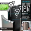 A close-up marketing image showing details of a beige kettle with a double-wall design, highlighting BPA-free certification and material information. A person's hand is visible holding a similar kettle in the background. Produktbild-Vorschau