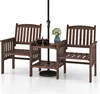 A wooden garden bench with a small table and two drinks, set against a white background. Produktbild-Vorschau