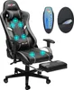 A black and gray gaming chair with a footrest and a remote control. Blue circles indicate massage points on the chair. Produktbild-Vorschau