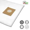 A white vacuum cleaner bag with a brown cardboard attachment and circular opening, set against a white background. Several circular badges with text and icons are placed in the bottom right corner. Produktbild-Vorschau