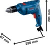 A blue Bosch hammer drill with dimensions indicated by lines and text. Podgląd zdjęcia produktu