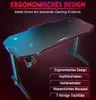 A gaming desk with LED lighting and text overlays describing its features. Náhľad obrázku produktu