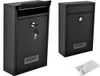 Two black mailboxes are shown against a white background. One mailbox is open, revealing keys inside. A small bag of screws is in the lower right corner. Produktbild-Vorschau