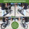 A collage of four images showing ramps being used to move a large case, a wheelbarrow, and two bicycles over steps or curbs. Produktbild-Vorschau