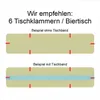 An illustration showing how to use table clamps on a beer table, with and without a table runner. Produktbild-Vorschau