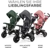 Three Kinderkraft AVEO tricycles in different colors (green, gray, pink) are displayed side-by-side against a white background. Text above the tricycles reads "WÄHLEN SIE IHRE LIEBLINGSFARBE" (Choose your favorite color), and text below labels each color:  Produktbild-Vorschau