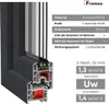 Cross-section of a window profile with technical specifications and energy efficiency ratings. Anteprima dell’immagine prodotto