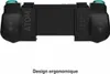 A black and teal gaming controller is shown from the back. Produktbild-Vorschau