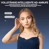 A young woman wearing earbuds, with speech bubbles indicating a conversation. Produktbild-Vorschau