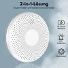 A white smoke and carbon monoxide detector is shown against a light blue background with marketing text and icons. Produktbild-Vorschau
