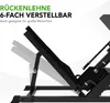 A close-up side view of a black leg press machine with text overlay highlighting its adjustable backrest. Produktbild-Vorschau