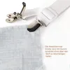 A close-up of white elastic straps with metal clips attached to a light blue fabric. Produktbild-Vorschau