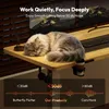 A cat sleeping on a desk with text overlays about noise levels. Produktbild-Vorschau