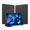 Three black iPad cases are displayed against a white background. One case is open, showing an iPad with a blue abstract wallpaper. The other two cases are closed and standing upright. Produktbild-Vorschau