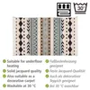 A rug with geometric patterns and text descriptions of its features. Náhled obrázku produktu