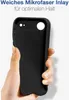 A hand holding a black phone case against a light background. Produktbild-Vorschau