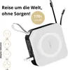 A white and black travel power bank with charging cables and adapter icons is shown against a white background. Produktbild-Vorschau