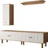 A set of furniture pieces including a wall-mounted cabinet, a long media console, and a shelf, all with white fronts and wood-toned accents. Produktbild-Vorschau