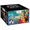 A product box for an acrylic paint set and brushes, featuring colorful artwork and product details. Produktbild-Vorschau