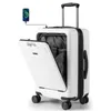 A white rolling suitcase with its front compartment open, showing the interior. A smartphone is connected to the suitcase via a cable and is charging. Náhled obrázku produktu