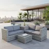 An outdoor patio scene with a sectional sofa set, coffee table, and a swimming pool in the background. Produktbild-Vorschau